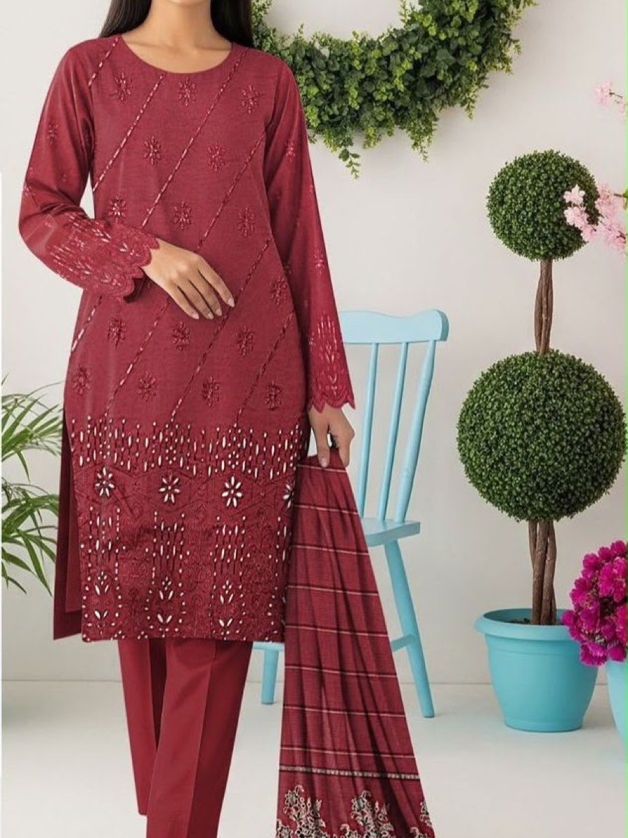 Maroon Jequard Mirror-Work Lawn
